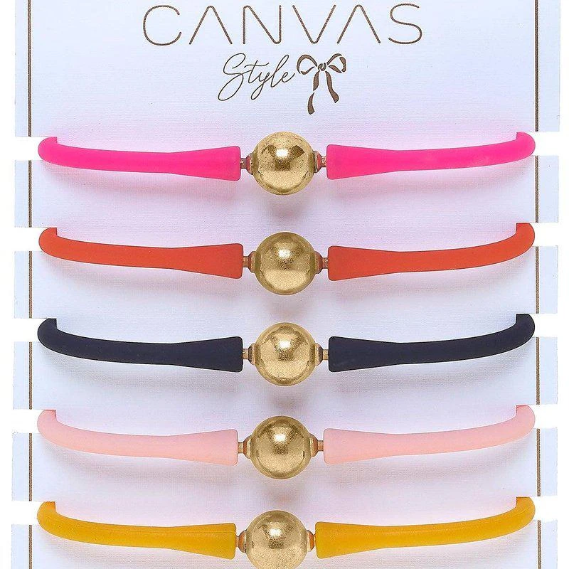 商品Canvas Style|Bali 24K Gold Silicone Bracelet Stack Of 5 In Neon Pink, Orange, Black, Light Pink & Cantaloupe,价格¥952,第2张图片详细描述