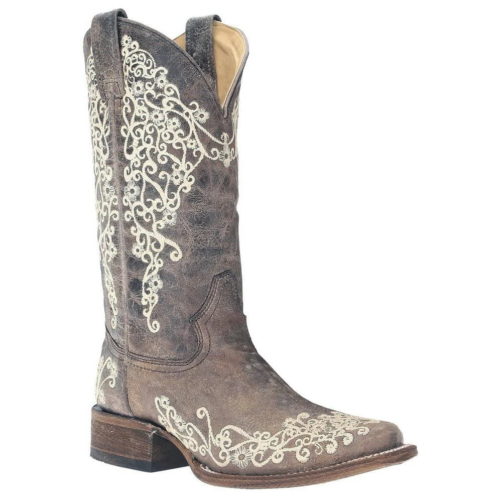 Corral Boots White Embroidered Square Toe Cowboy Boots 2