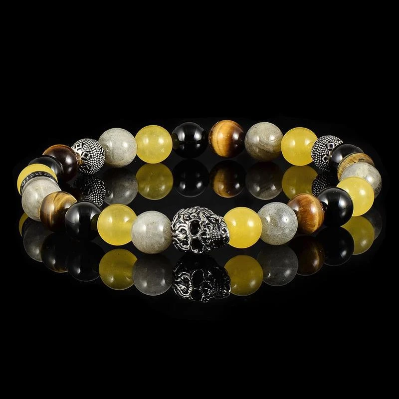 商品Crucible Jewelry|Crucible Los Angeles Single Skull Stretch Bracelet with 8mm Polished Black Onyx, Labradorite, Yellow Jade and Tiger Eye Beads,价格¥262,第4张图片详细描述