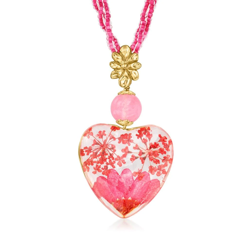 商品Ross-Simons|Ross-Simons Italian Rose Quartz Bead and Glass Heart Necklace With Dried Flowers in 18kt Gold Over Sterling,价格¥962,第1张图片