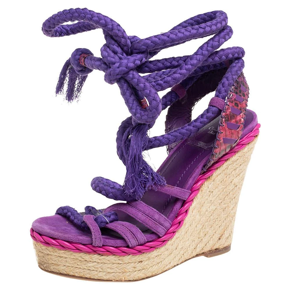 商品[二手商品] Dior|Dior Purple Suede And Python Leather Espadrille Wedge Ankle Wrap Sandals Size 36,价格¥941,第1张图片