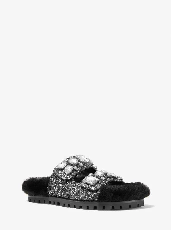 商品Michael Kors|Stark Embellished Glitter and Faux Fur Slide Sandal,价格¥221,第1张图片
