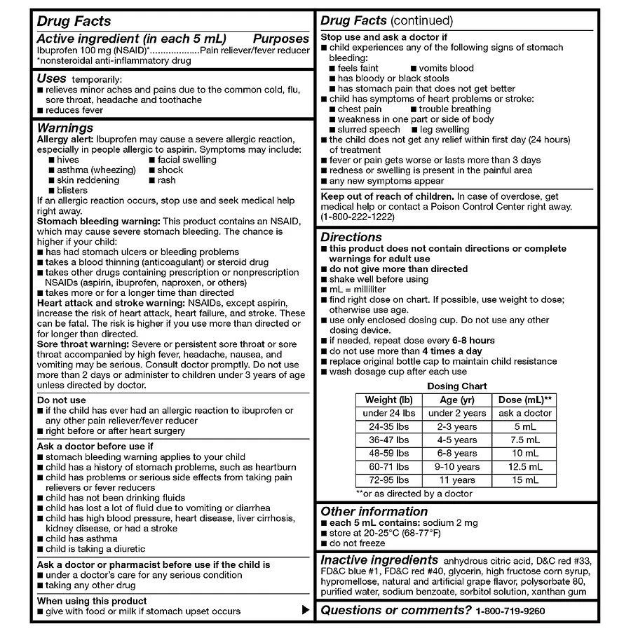 商品Walgreens|Children's Ibuprofen Oral Suspension 100 mg per 5 mL Grape,价格¥60,第4张图片详细描述