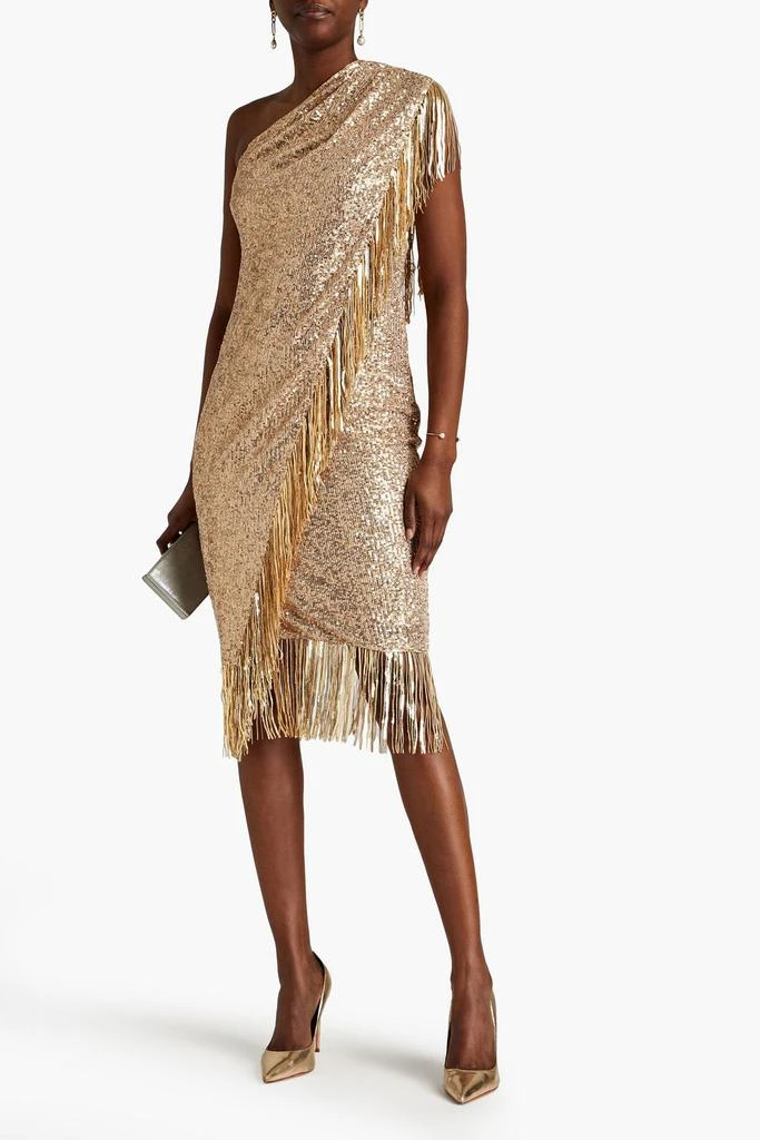 商品Badgley Mischka|One-shoulder wrap-effect sequined mesh midi dress,价格¥1688,第2张图片详细描述