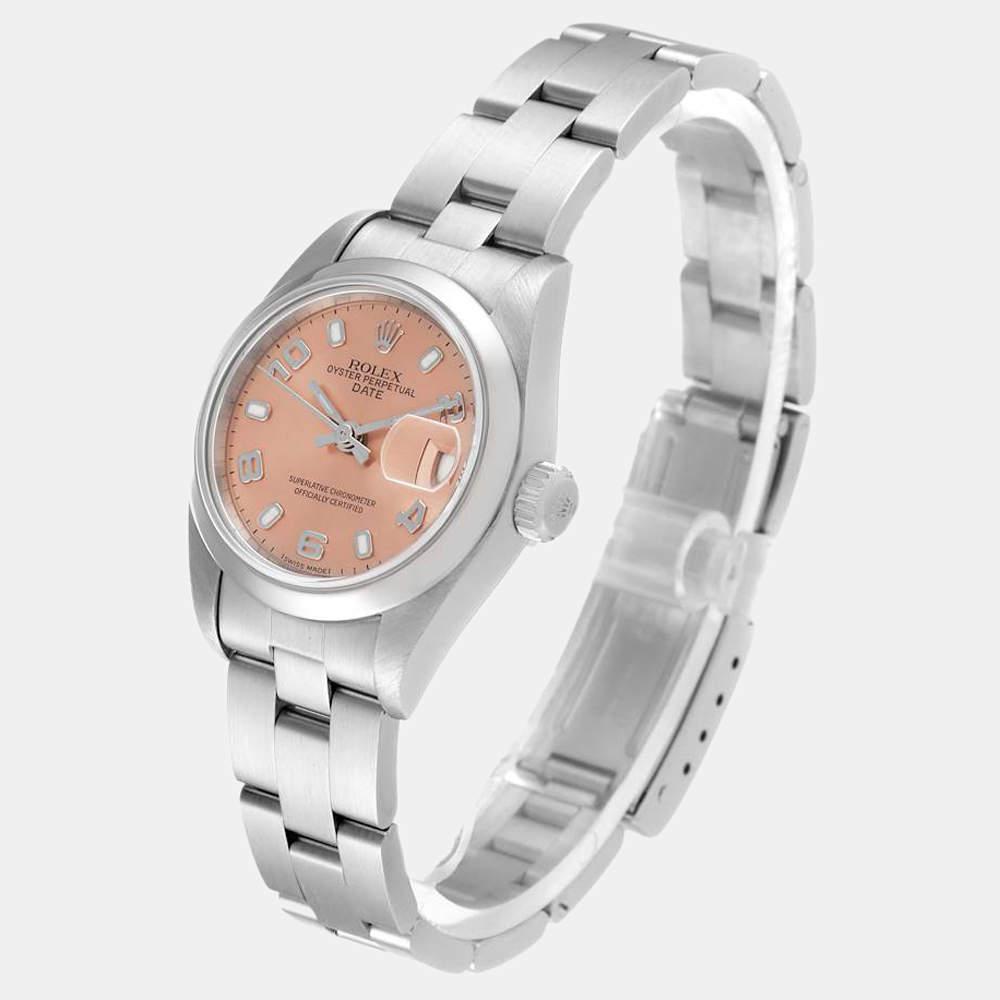 Rolex Salmon Stainless Steel Oyster Pepertual Date 69160 Women's Wristwatch 26 mm商品第5张图片规格展示