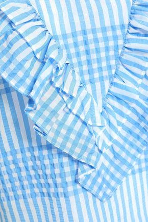 商品Ganni|Charron ruffled checked cotton-blend seersucker top,价格¥552,第3张图片详细描述