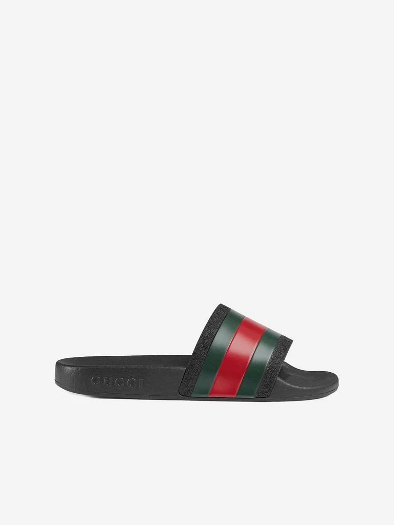 商品Gucci|Gucci Kids Rubber Sliders With Web in Black,价格¥1746,第1张图片