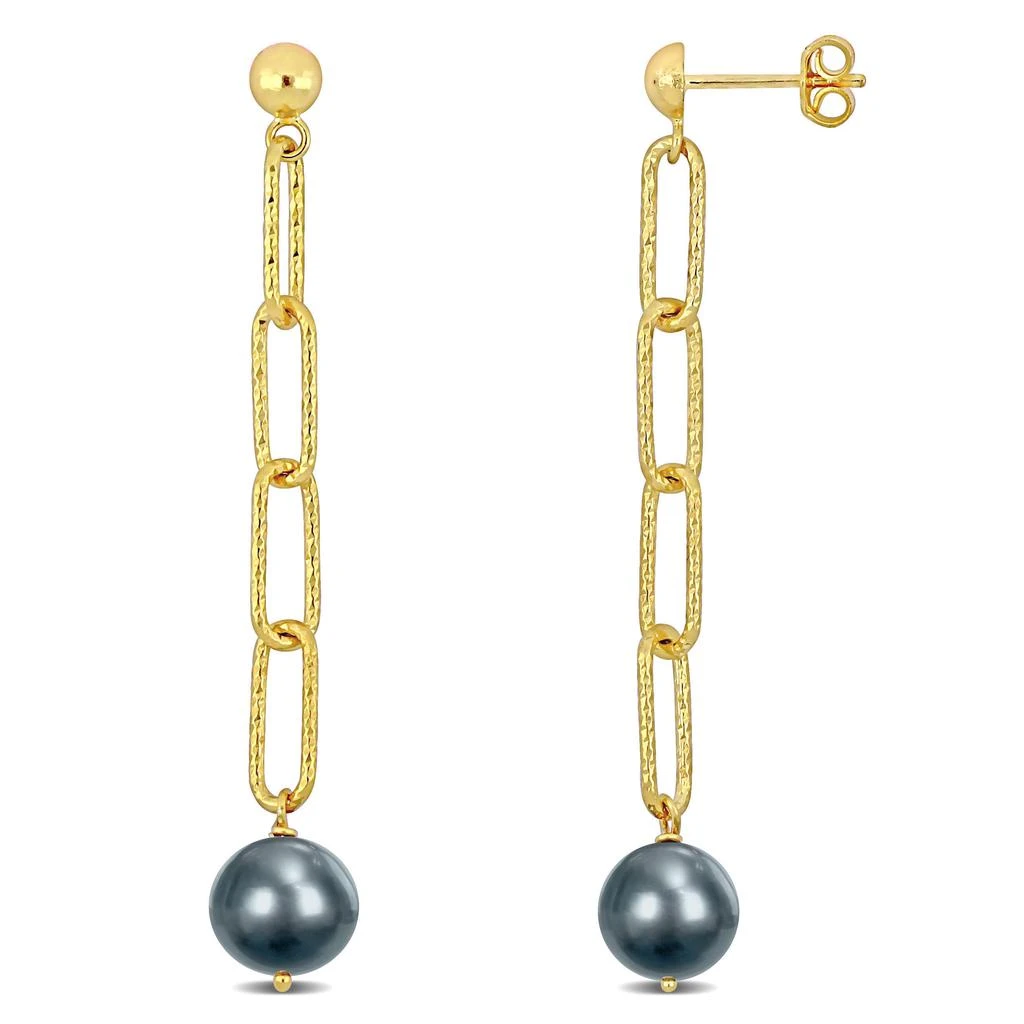 商品Mimi & Max|9-10mm Grey Cultured Freshwater Pearl Oval Link Earrings in 18k Yellow Gold Plated Sterling Silver,价格¥227,第1张图片