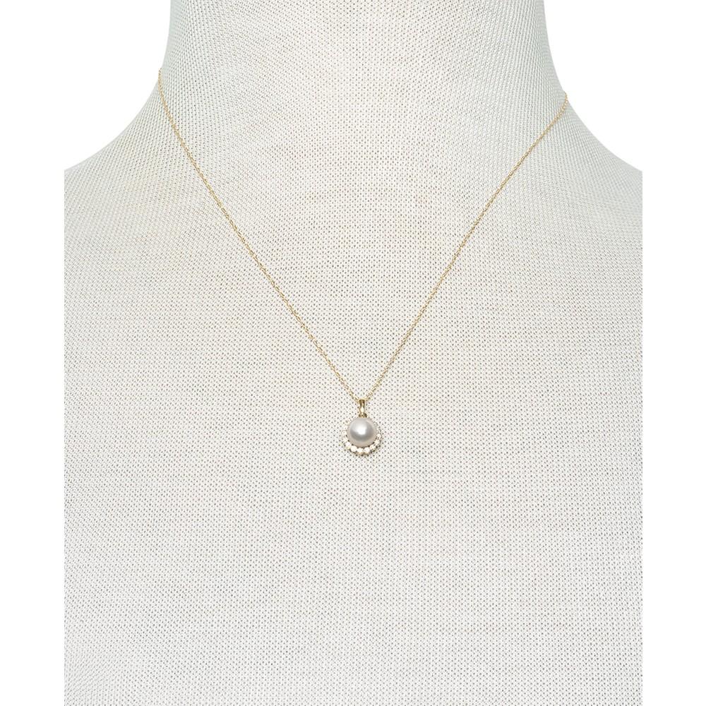 Cultured Freshwater Pearl (7mm) & Diamond (1/8 ct. t.w.) Halo 18" Pendant Necklace in 14k Gold. Created for Macy's商品第2张图片规格展示