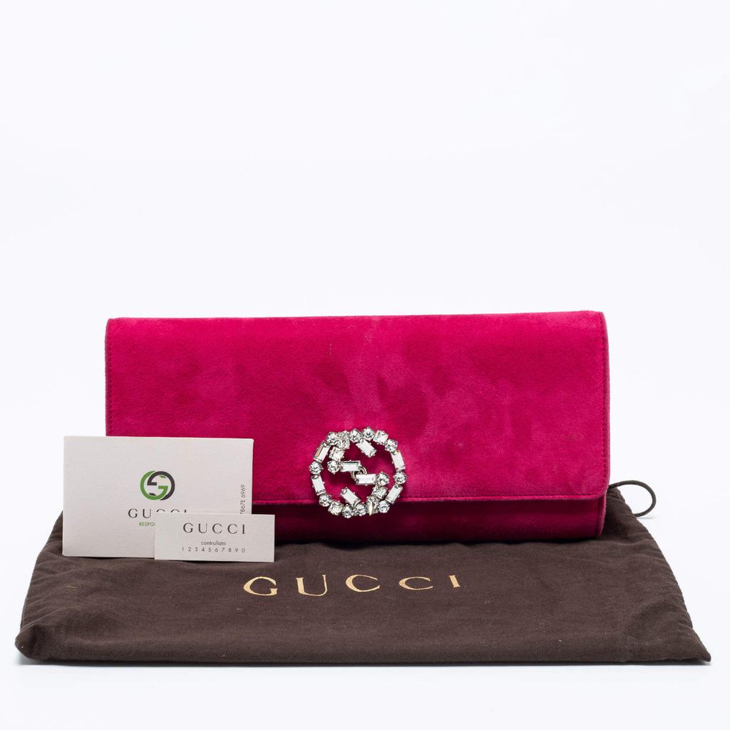 Gucci Pink Suede Interlocking G Crystal Embellished Broadway Clutch商品第6张图片规格展示