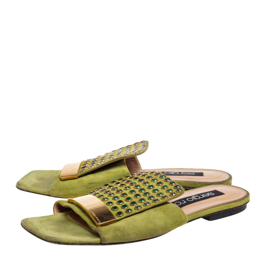 Sergio Rossi Green Suede Studded Flat Slides Size 36.5商品第4张图片规格展示