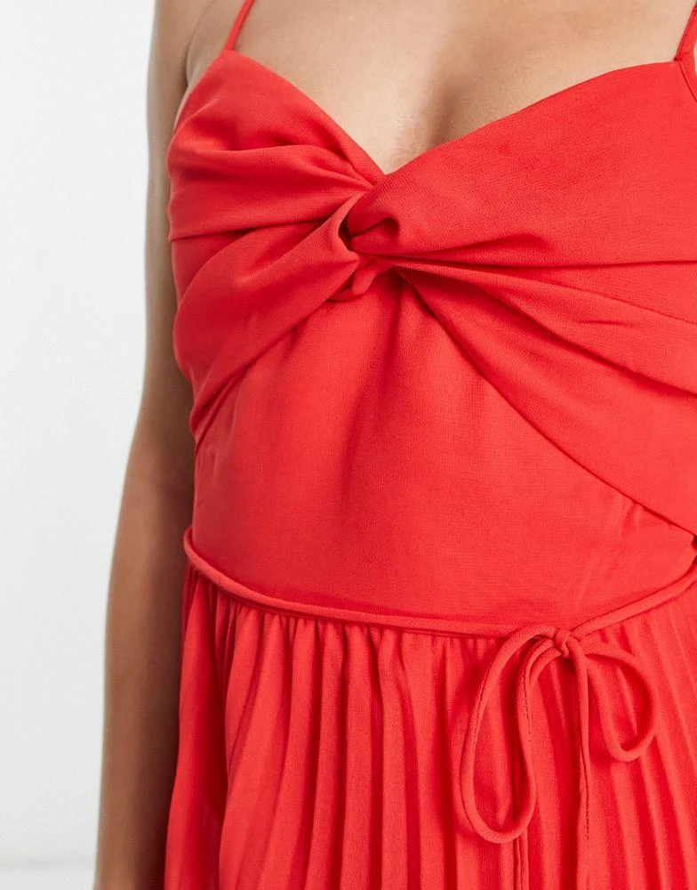 商品ASOS|ASOS DESIGN Tall twist front pleated cami midi dress with belt in red,价格¥134,第2张图片详细描述