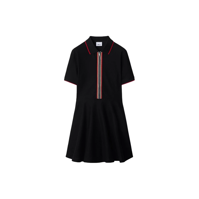 商品Burberry|【现货】博柏利 女士黑色棉质条纹边饰拉链休闲短袖连衣裙 80844171,价格¥1434,第1张图片