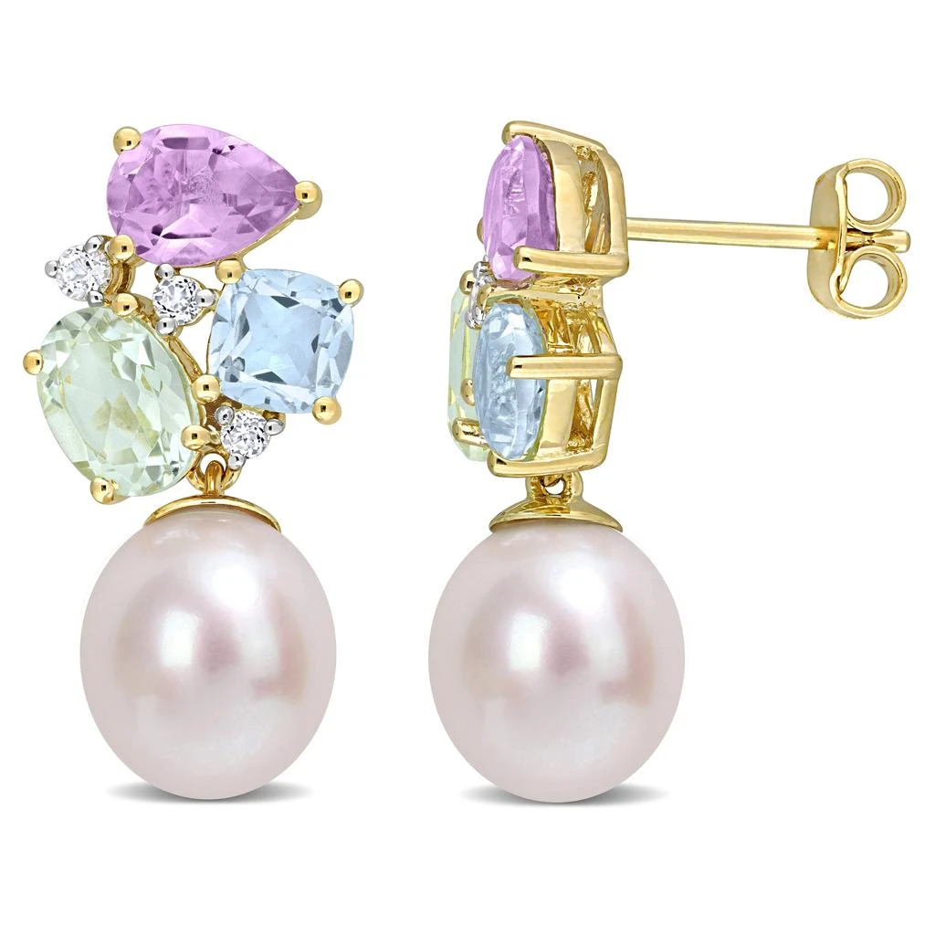 商品Mimi & Max|9-9.5 MM Freshwater Cultured Pearl and 4 3/4 CT TGW Multi-Color Gemstone Drop Earrings in Yellow Plated Sterling Silver,价格¥615,第1张图片