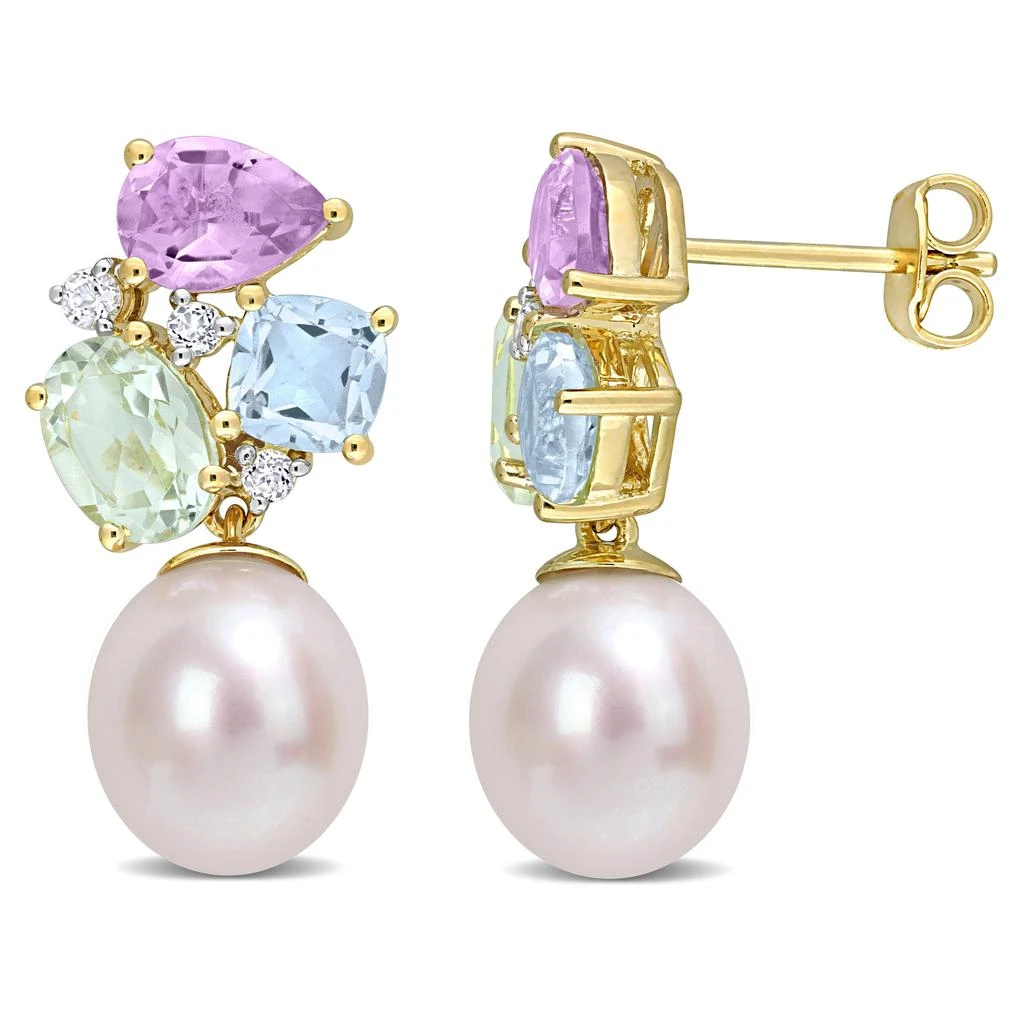 商品Mimi & Max|9-9.5 MM Freshwater Cultured Pearl and 4 3/4 CT TGW Multi-Color Gemstone Drop Earrings in Yellow Plated Sterling Silver,价格¥818,第1张图片