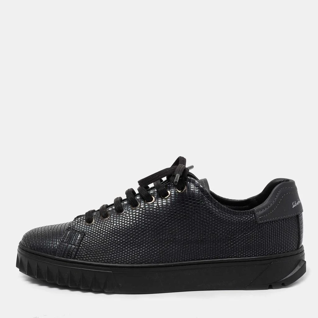 商品[二手商品] Salvatore Ferragamo|Salvatore Ferragamo Black Lizard Embossed Leather Cube Low Top Sneakers Size 40,价格¥1535,第1张图片