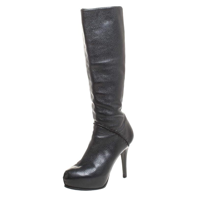 Fendi Black Textured Leather Mid Calf Platform Boots Size 38.5商品第1张图片规格展示