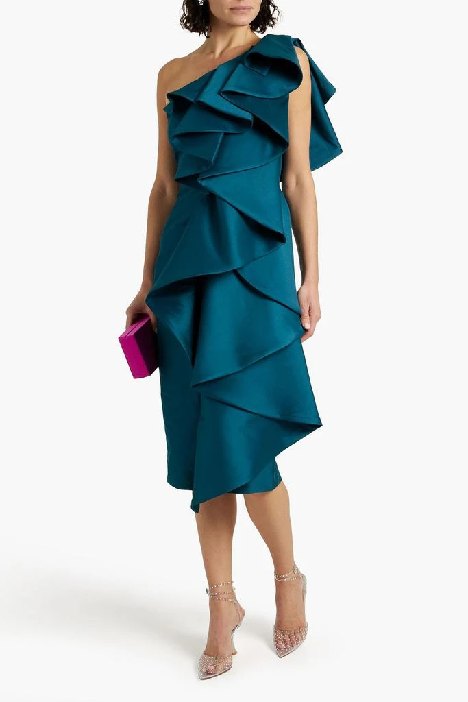 商品Badgley Mischka|One-shoulder ruffled duchesse satin midi dress,价格¥1223,第2张图片详细描述