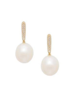 商品Effy|14K Yellow Gold, 10MM Freshwater Pearl & Diamond Drop Earrings,价格¥3041,第1张图片
