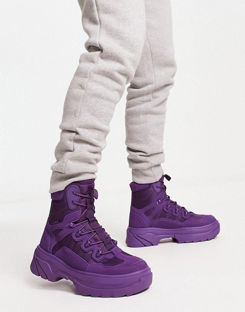 商品ASOS|ASOS DESIGN chunky sole lace up boots in dark purple faux suede and mesh,价格¥370,第1张图片