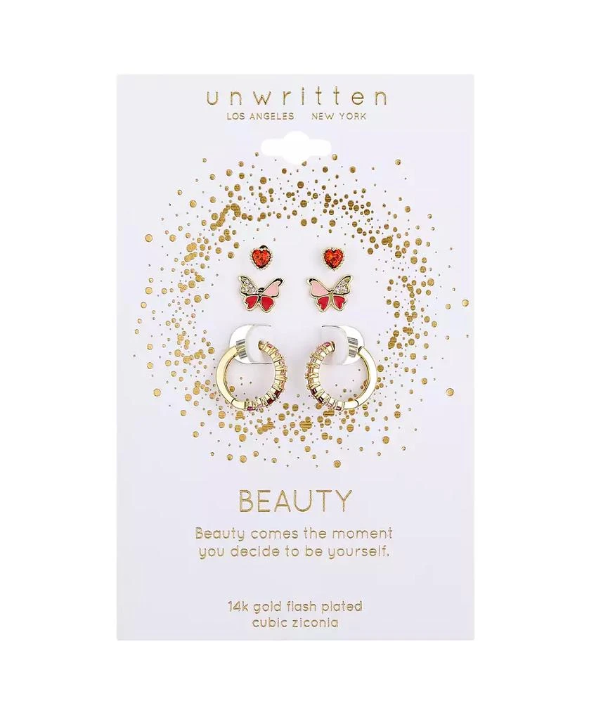 商品Unwritten|Multi Pink Cubic Zirconia and Enamel Heart Butterfly Stud and Hoop Earring Set,价格¥140,第2张图片详细描述