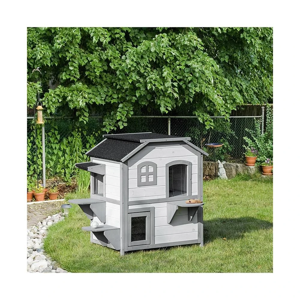 商品PawHut|2-Story Wooden Cat Condo Balcony Doors for Indoor/Outdoor Use, White,价格¥1507,第3张图片详细描述