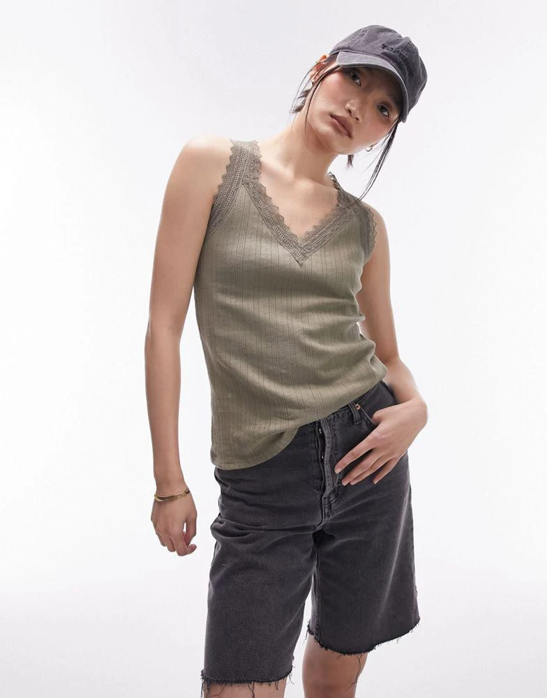 商品Topshop|Topshop v neck lace pointelle cami in khaki,价格¥44,第1张图片