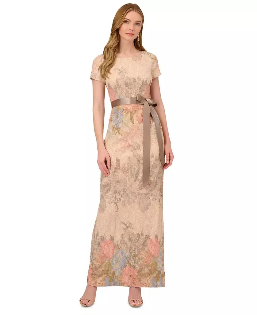 商品Adrianna Papell|Women's Floral-Print Short Sleeve Satin Gown,价格¥1653,第1张图片