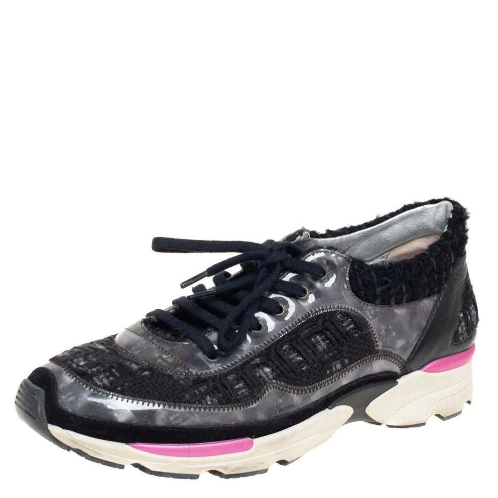商品[二手商品] Chanel|Chanel Black/Pink Tweed And PVC  CC Low Top  Sneakers Size 39,价格¥2643,第1张图片