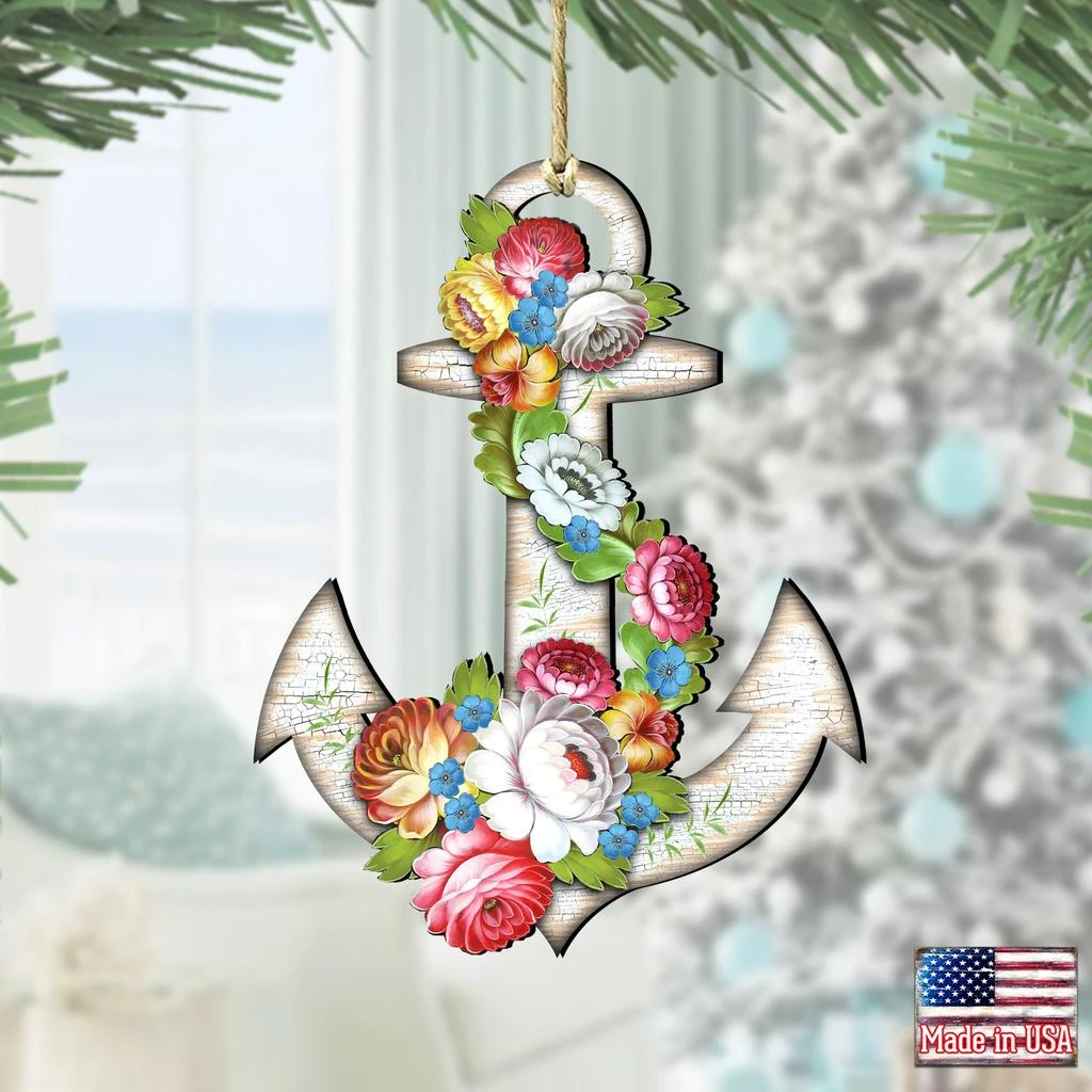 商品Designocracy|Designocracy Floral Anchor Wood Wood Ornaments Set of 2 G.DeBrekht Coastal,价格¥204,第2张图片详细描述