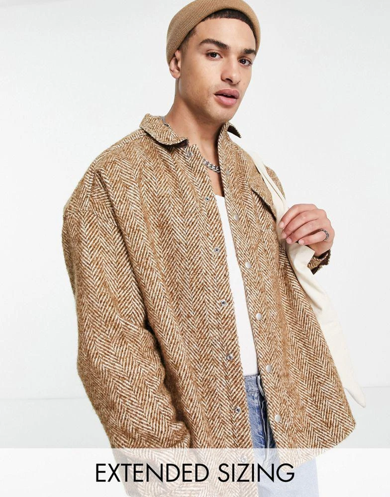 商品ASOS|ASOS DESIGN extreme oversized wool mix shirt in brown herringbone,价格¥226,第1张图片