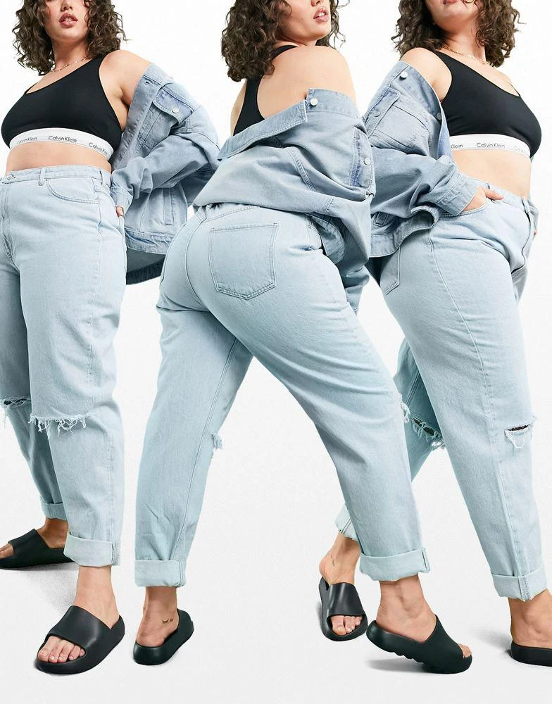 商品ASOS|ASOS DESIGN Curve high rise 'slouchy' mom jeans brightwash with rips,价格¥182,第3张图片详细描述