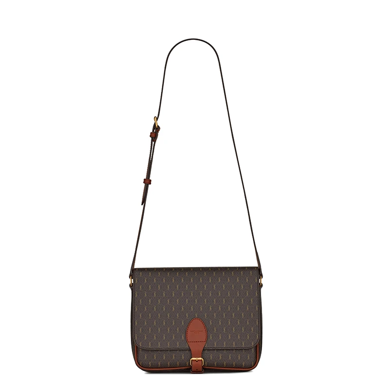 商品Yves Saint Laurent|SAINT LAURENT PARIS/圣罗兰 YSL 22春夏新款MONOGRAMME系列 男士中号板栗色帆布配光滑皮革金扣单肩斜挎邮差包,价格¥8967,第1张图片