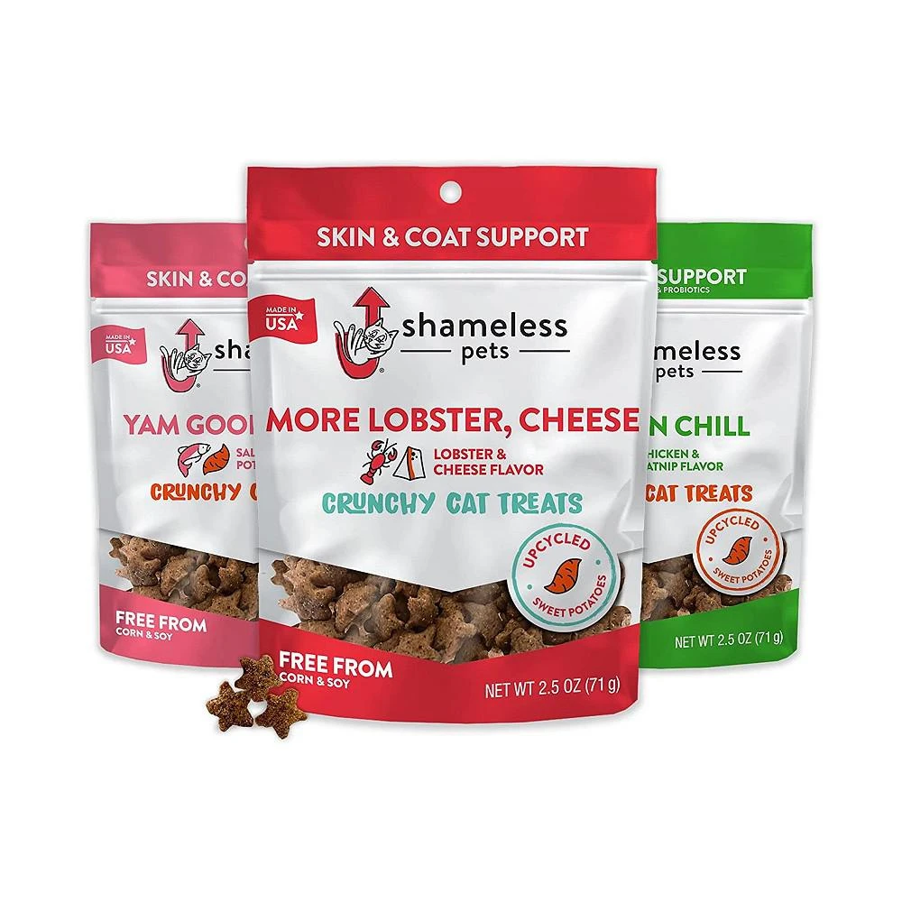 商品Shameless Pets|Cat Treats - Crunchy Treats for Cats with Catnip, Coat, & Digestive Support, Sustainable Upcycled Natural Ingredients & Real Meat, Catnip N Chill, Yam Good Salmon, and More Lobster, Cheese (1 of each) - Variety, 3-Pk,价格¥169,第1张图片