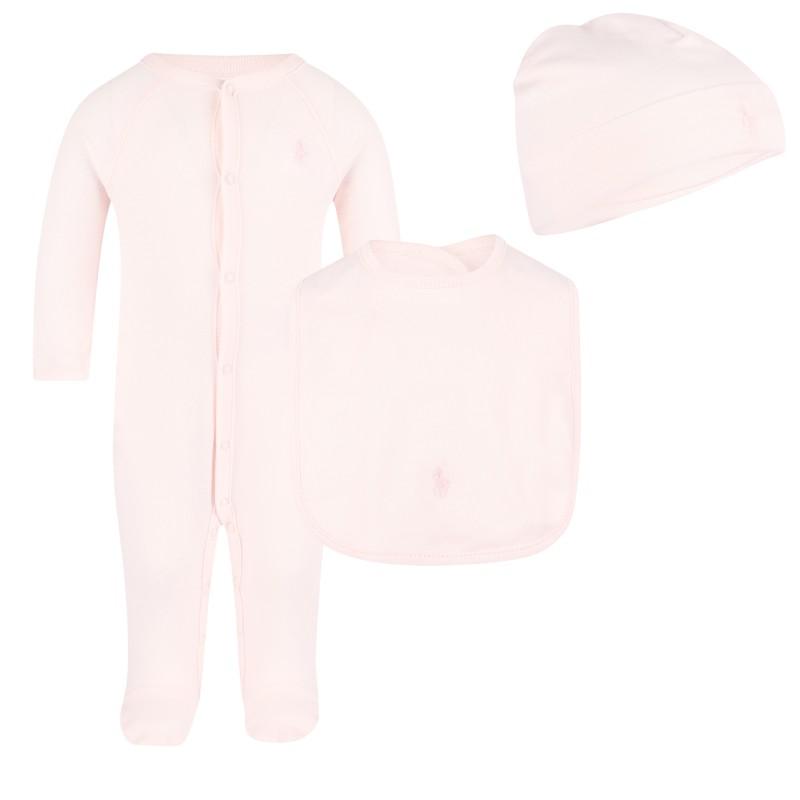 Logo embroidery bodysuit baby cap and bib set in pink商品第1张图片规格展示