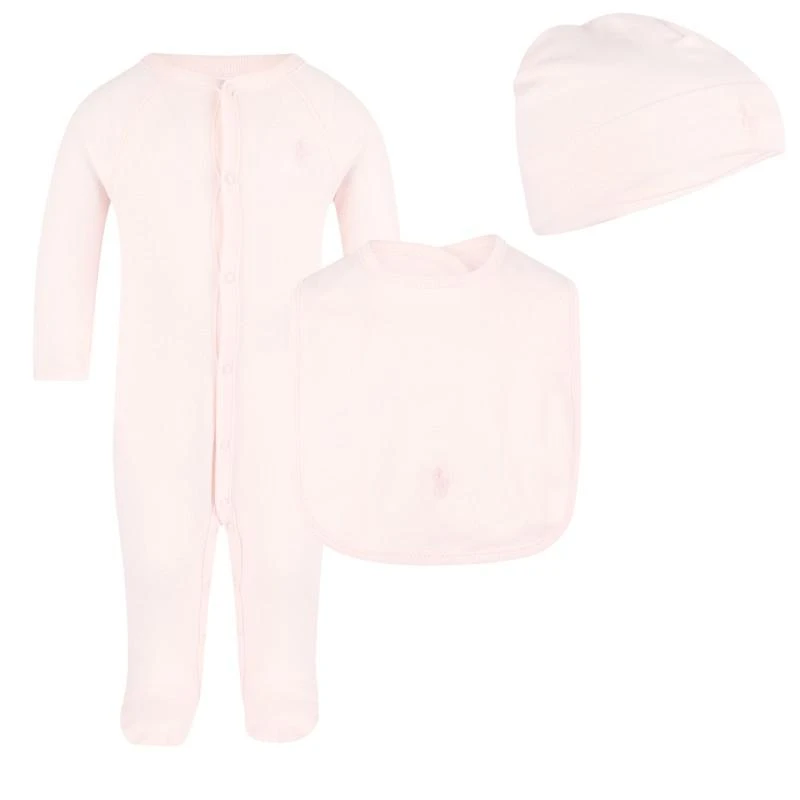 商品Ralph Lauren|Logo embroidery bodysuit baby cap and bib set in pink,价格¥1594,第1张图片