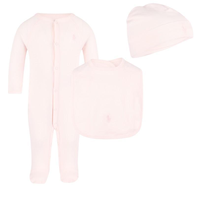 商品Ralph Lauren|Logo embroidery bodysuit baby cap and bib set in pink,价格¥1558,第1张图片