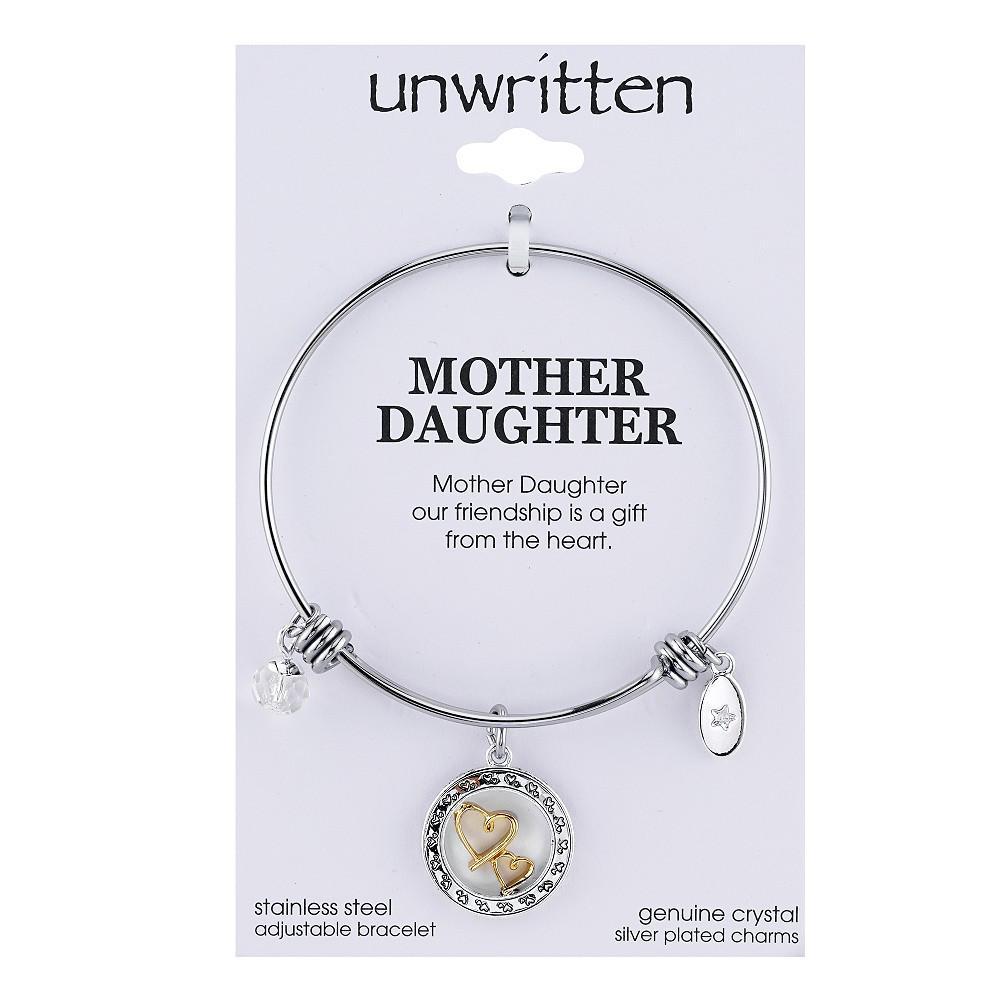 商品Unwritten|Two-Tone Double Heart Mother Daughter Charm Bangle Bracelet in Stainless Steel with Silver Plated Charms,价格¥143,第4张图片详细描述