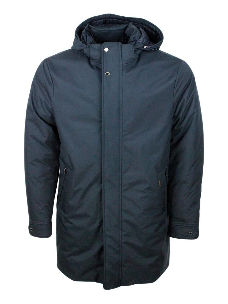 商品MOORER|Duster Jacket Padded With Real Goose Down Made Of Waterproof Technical Gabardine. Zip And Button Closure. Removable Hood,价格¥9412,第1张图片