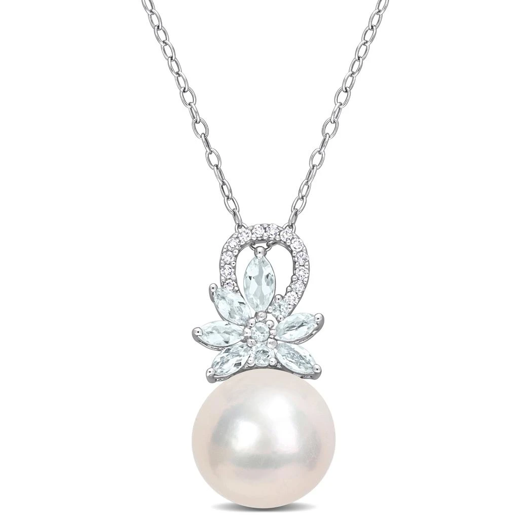 商品Mimi & Max|11-12mm Cultured Freshwater Pearl and 5/8ct TGW Aquamarine and Diamond Accent Flower Pendant with Chain in Sterling Silver,价格¥864,第1张图片