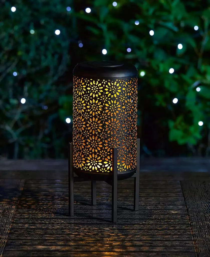 14.25" H Black and Gold-Tone Metal Cutout Flower Pattern Solar Powered LED Outdoor Lantern with Stand 商品