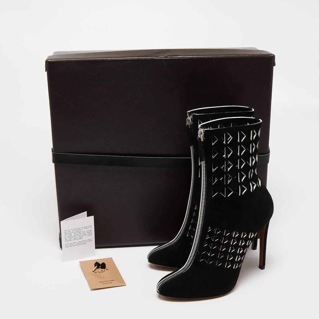 Alaïa]Alaia Black Suede Cutout Front Zip Ankle Boots Size 38.5 麂