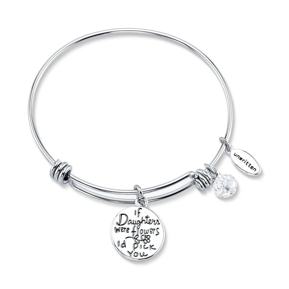 商品Unwritten|Daughters Charm and Crystal Bangle Bracelet in Silver-Plated Stainless Steel ,价格¥165,第2张图片详细描述