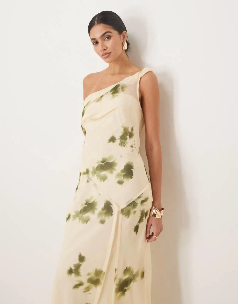 商品ASOS|ASOS DESIGN fallen shoulder twist cowl neck  seam detail midi dress in cream and green blur print,价格¥437,第4张图片详细描述