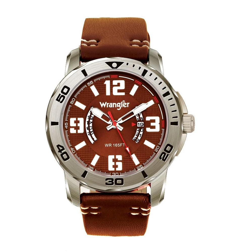 商品Wrangler|Men's Watch, 48MM Silver Colored Case with Black Printed Arabic Numerals on Outer Steel Bezel, Brown Dial with Dual Crescent Windows, Date Window , Brown Strap with White Accent Stitch Analog,价格¥415,第1张图片