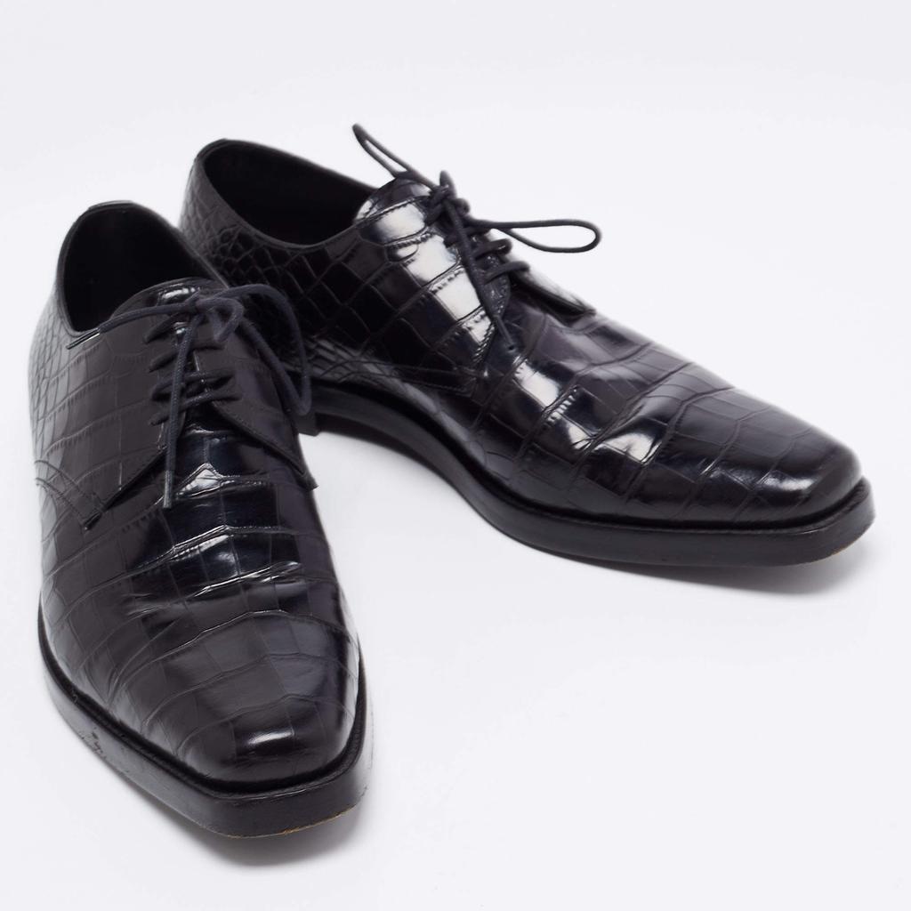 Prada Black Croc Embossed Leather Derby Size 40.5商品第4张图片规格展示