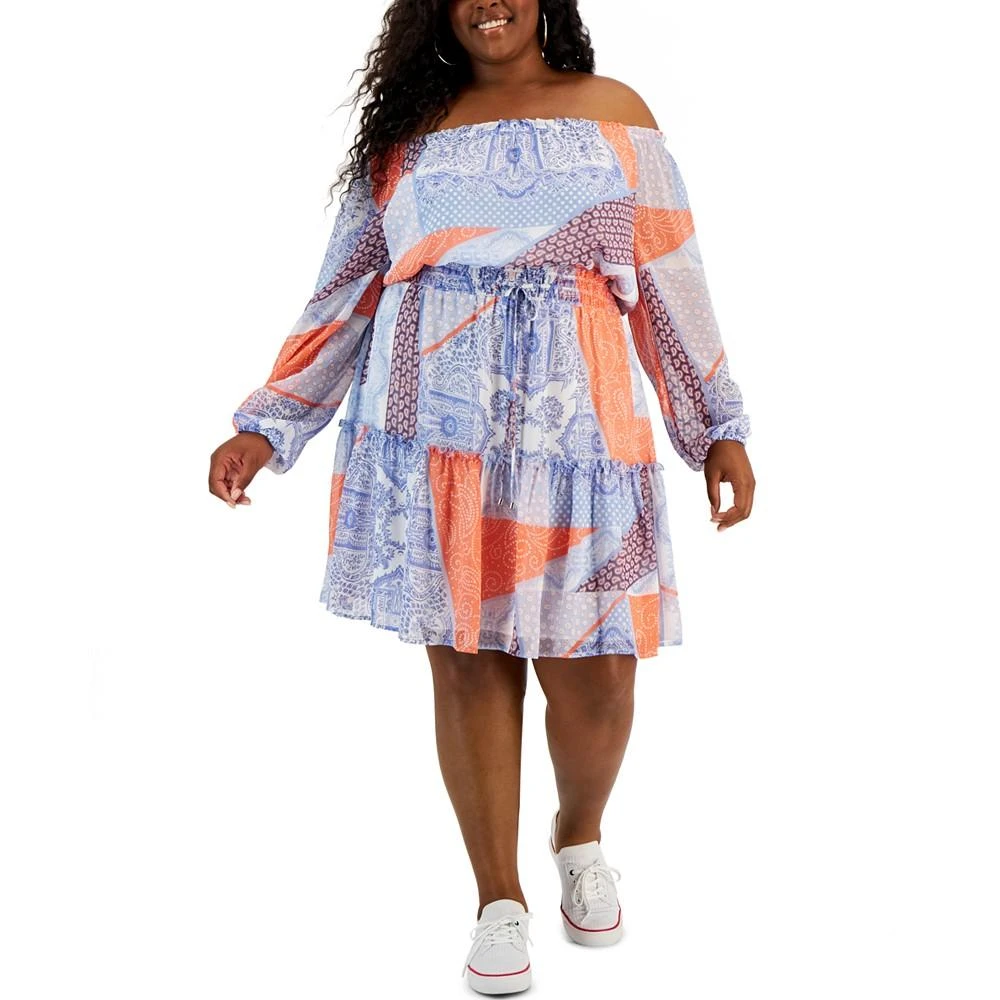 商品Tommy Hilfiger|Plus Size Patchwork-Print Off-The-Shoulder Dress,价格¥246,第1张图片