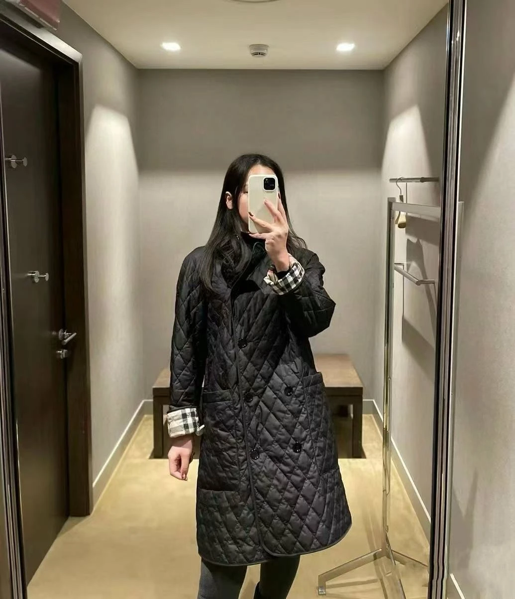 BURBERRY/博柏利 女士黑色聚酮格纹印双排扣长款棉服80530441 商品