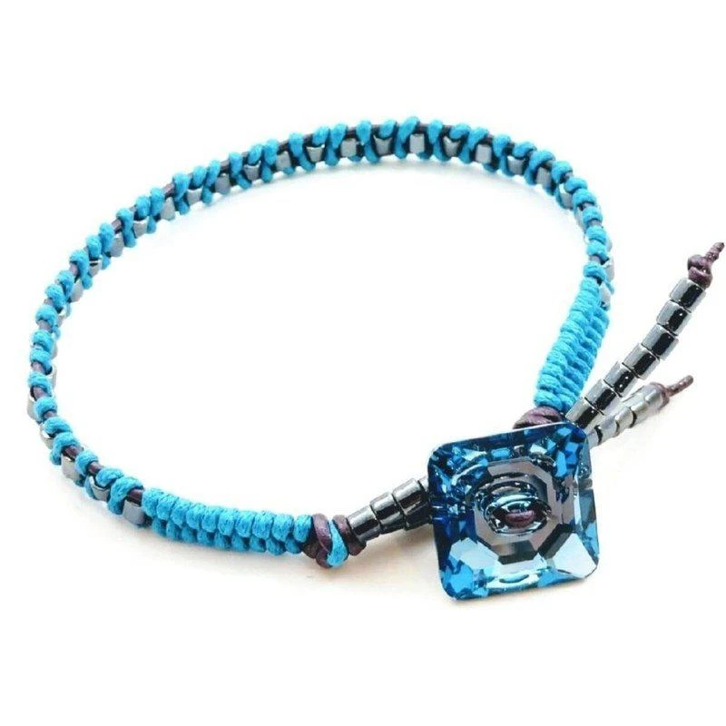 商品Alexa Martha Designs|Aqua Hematite Bead Braided Square Swarovski Crystal Button Bracelet,价格¥384,第1张图片