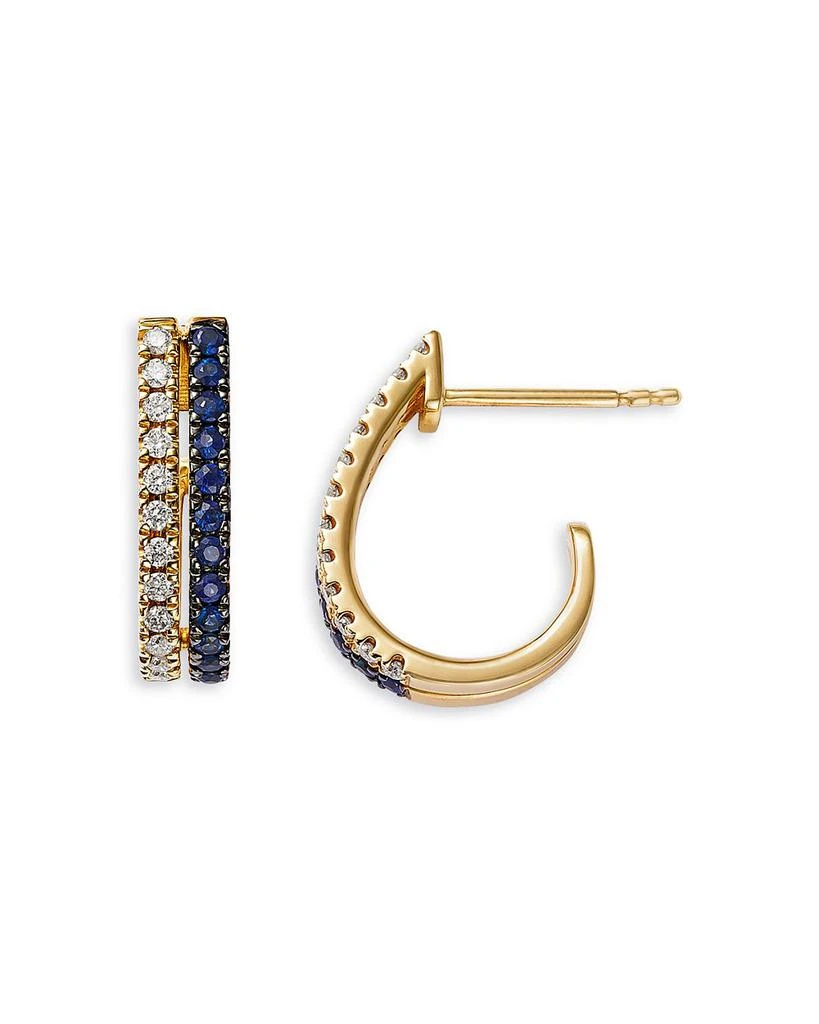 Blue Sapphire & Diamond Two Row Huggie Hoop Earrings in 14K Yellow Gold 商品